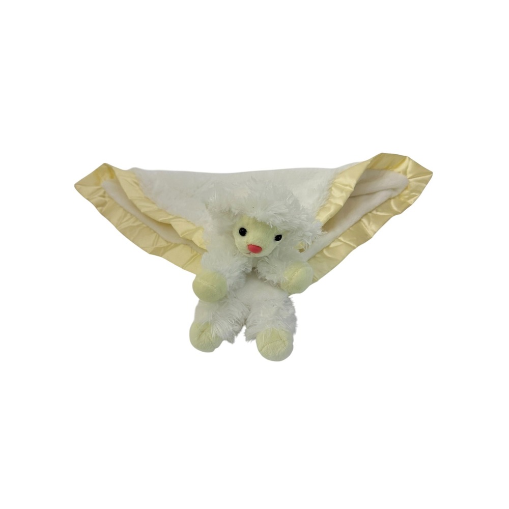 Aurora Baby Lamb Lovey Security Blanket White Yellow Satin Trim Plush Snuggler